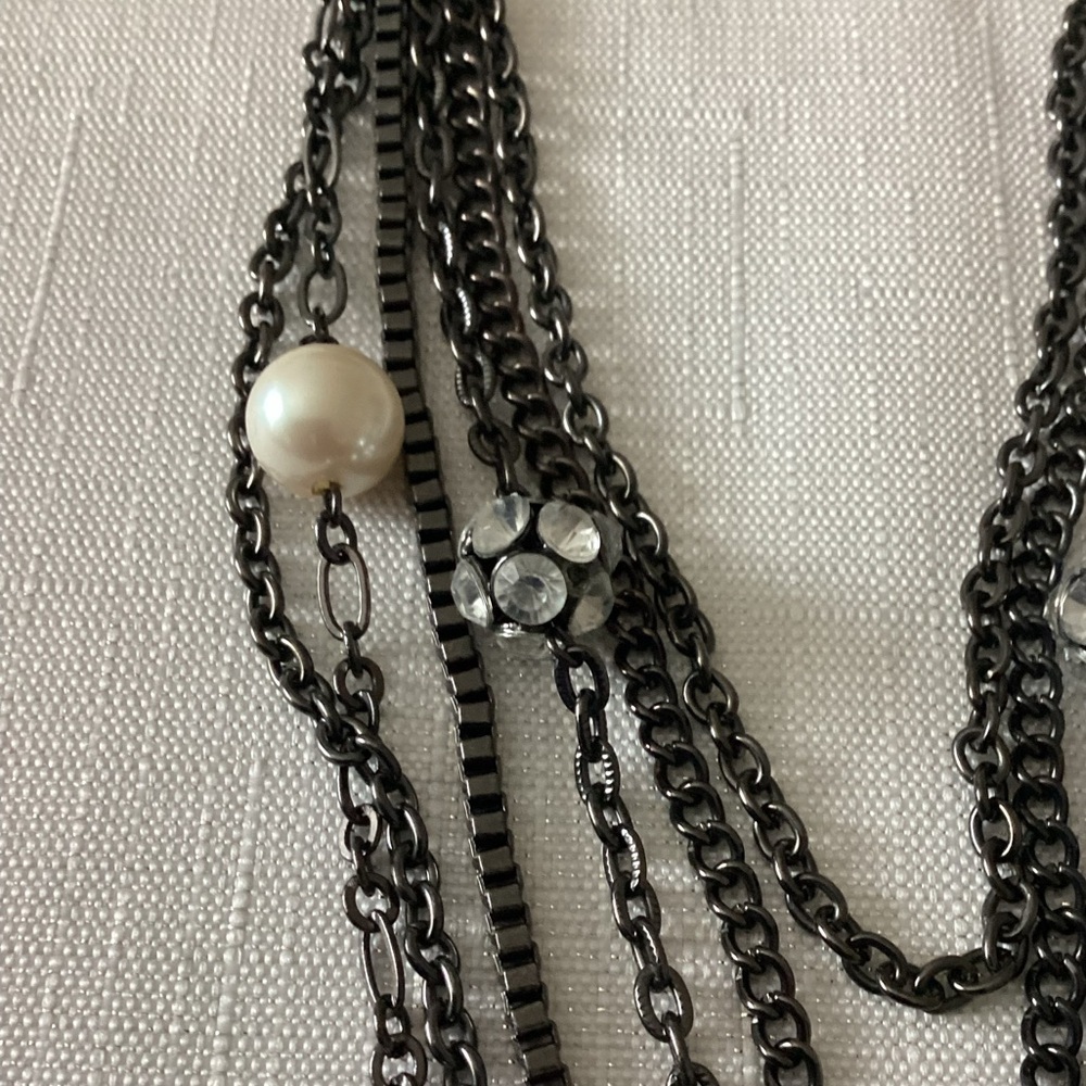 Black Tone and Faux Pearl and Crystal Black Rhodium Plated Necklace - Picture 2 of 3